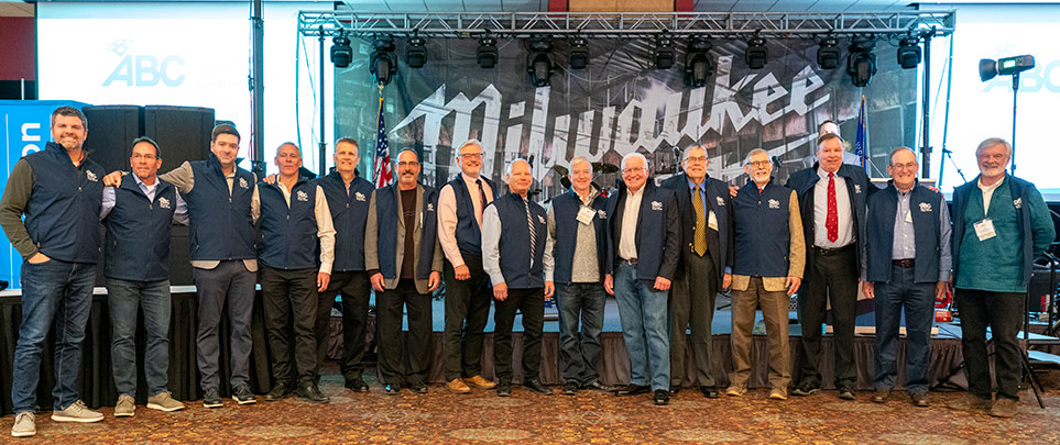 Many past chairs received special past-chair vests at the 50th celebration, including from left to right: Casey Malesevich, Kevin Day, Greg Jones, Dan Bertler, Jay Zahn, Bill Monfre, Steve Klessig, Gene Jacobson, J.R. Reesman, Gerry Krebsbach, Bob Riberich, Ron Klossner, Mike Zignego, Bill Derrick and Jim Sykes.